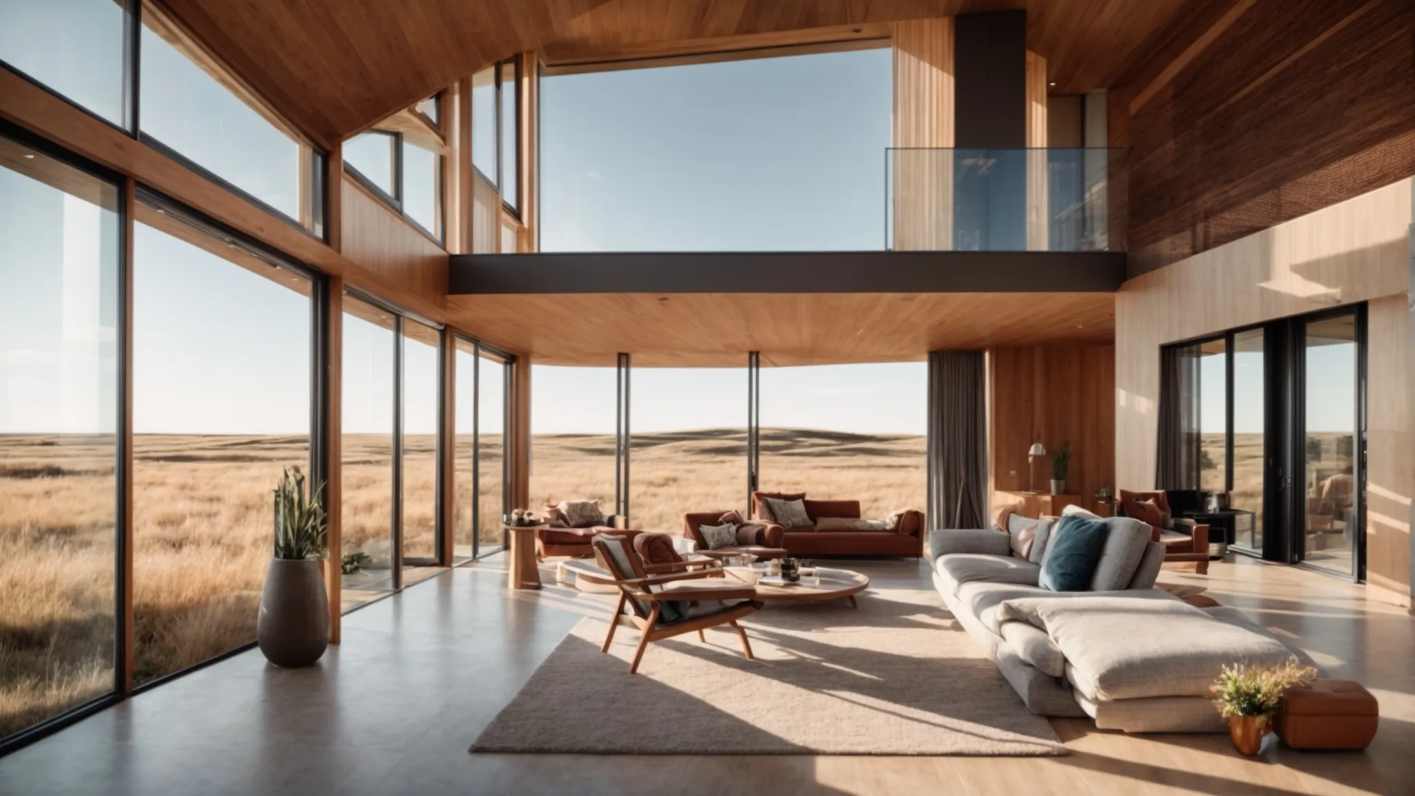 a modern home with large, beautiful windows overlooking a vast prairie under a clear blue sky.