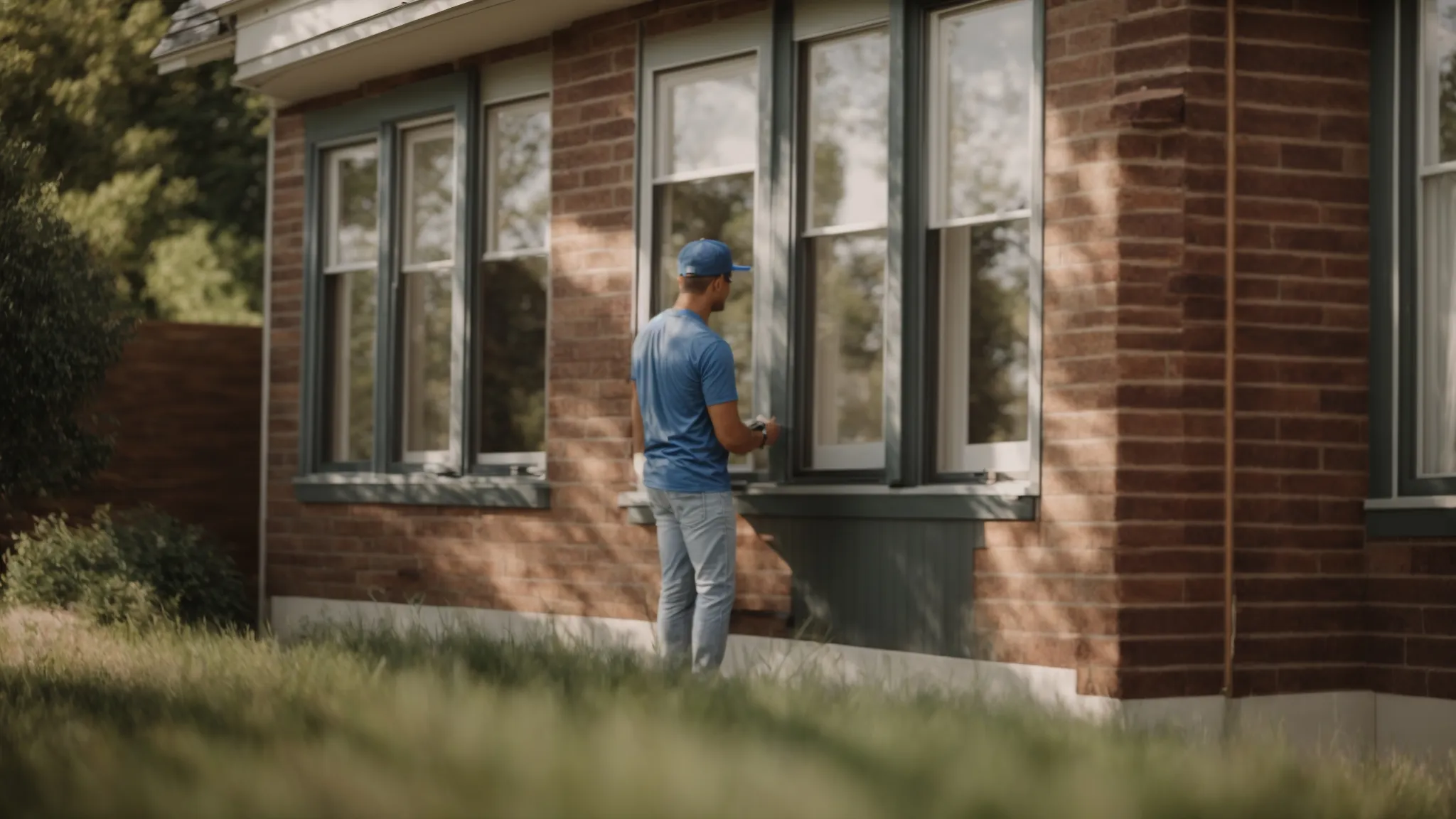 a homeowner in kansas city smiles as a professional shows a sample of a new vinyl window next to their current house windows.